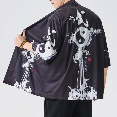 Image of Men's Japanese Kimono Robe Jacket Lightweight 3 /4 Sleeve Open Front Yukata | Silky Smooth Fashion Print Happi Coat Lightweight Breathable Loose Unisex Haori Casual Summer Cardigan Daily Beach Vacation