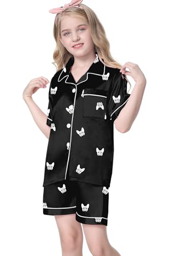 Image of Umeyda Women & Girls Pajamas Set, Soft Satin Lightweight Silk Button-Down Top with Shorts 2 Piece PJS for Mom Boys Kids Gifts