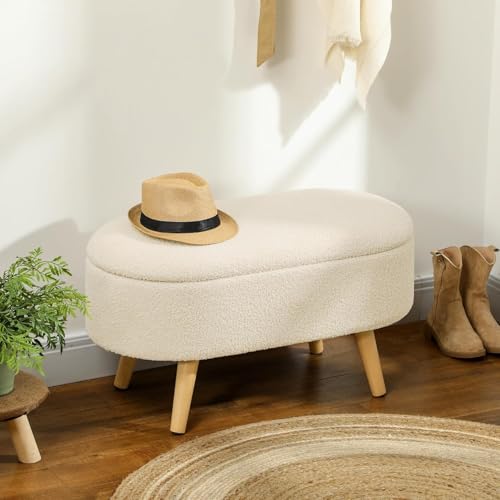 Image of Upholstered Ottoman Bench with Storage, Boucle Fabric, 39 Litre Hidden Storage, Heavy Duty 120 Kg Load Capacity, Multipurpose Seating for Living Room & Bedroom, Cream