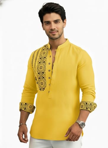Image of Amazon Brand - INKAST Men's Cotton Blend Mandarin Collar Self One Design Full Sleeve Casual Short Kurta