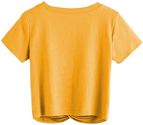Makemechic Women's Summer Crop Top Solid Short Sleeve Twist Front Tee T-Shirt Yellow M #TOP1