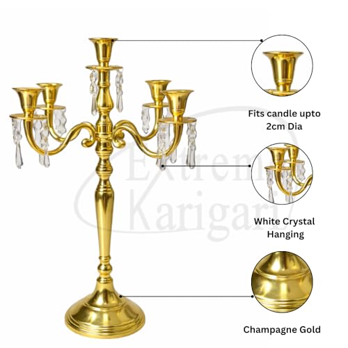 Image of Premium 24 Inch Golden Aluminum 5-Arm Candle Stand with Crystal Hangings | Luxury Centerpiece for Home Decor, Weddings, Festive Decoration & Dining Table