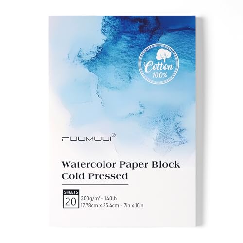 Watercolor Paper Block 7x10 Inch, Fuumuui 100% Cotton Paper Pad, 20 Sheets, Cold Pressed, Acid-Free, 140 lb/300gsm for Painting, Drawing, Art Journaling, Professional Artist Quality 7 Γ 10 i