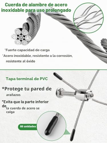 Miniatura 4 de Kalolary Enrejado De Alambre De Jardín Para Plantas Trepadoras, 30 M Kit De Enrejado Alambre Resistente Acero Inoxidable Kit Sistema De Enrejado De Cable De Abrazadera Cruzada Para Plantas De Pared