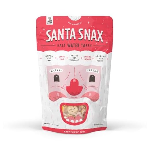 Taffy Shop Santa Snax Personal (7oz) Salt Water Taffy | Christmas flavors include Candy Cane, Creamy Eggnog, Pumpkin Spice Cake, Frozen Hot Chocolate, Chocolate Chip Cookie Dough