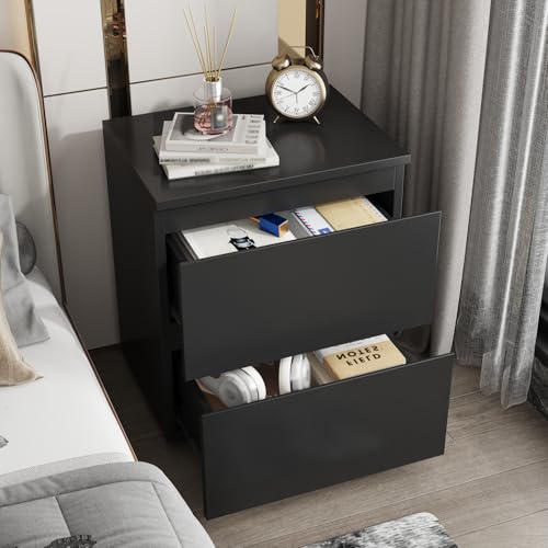 Image of Nightstand with 2 Drawers, Modern Bedroom End Table with No Handle, Wooden Bedside Storage Cabinet, Black 15.7 inch W x 18.9 inch H