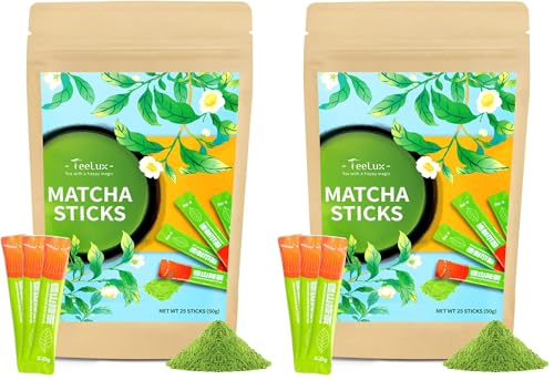 Image of TeeLux Matcha Green Tea Powder, Premium First Harvest Culinary Grade Matcha Single Serve Packets, Unsweetened Matcha Powder Travel Stick Packs, 25 Count (Pack of 2)