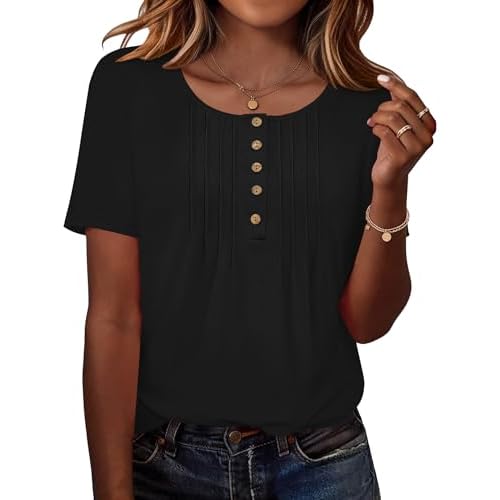 Rapbin Short Sleeve Shirts for Women Pleated Crewneck Cute Blouses Dressy Casual Elegant Tops Loose peasant Summer T-Shirts Black X-Large