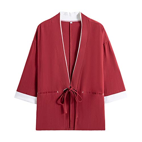Image of Mens Japanese Kimono Cardigan Cotton Linen Haori Fashion 3 /4 Sleeve Yukata | Shawl Collar Kimono Jacket Robe Embroidery Patchwork Happi Coat Tie Pockets Lightweight Outerwear Daily Casual All Seasons