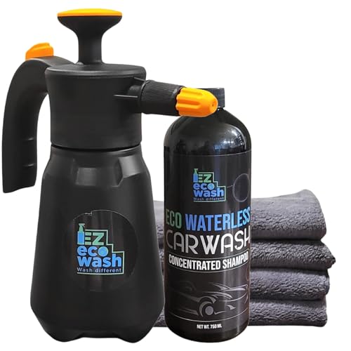 EZ eco wash Waterless Car Wash Kit - 1:20 concentrated Car cleaning liquid with 1L Spray Can & 4 Microfiber Towels. Wash you car without foam, anywhere and anytime with 0 waste. No Foam solution