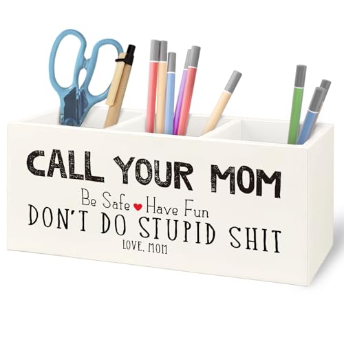 Image of Funny Call Your Mom Wooden Pen Pencil Holder for Office Desk Accessories, Gifts for Freshman Son Daughter College Students Makeup Brush Toothbrush Holder Organizer for Bathroom