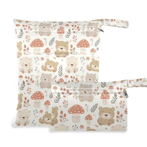 Coikll Wet Dry Bags for Cloth Diaper 2 Pack Waterproof Yoga Gym Bag for Swimsuit Wet Clothes Baby Items-?Cute Bear Mushroom?