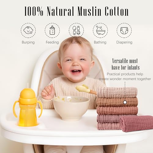 Image of SWEET DOLPHIN 12 Pack Muslin Burp Cloths Large 100% Cotton Burping Clothes for Baby Drool - Absorbent and Soft Boys & Girls Milk Spit Up Rags for Newborn Essentials Registry - Muted Terracotta