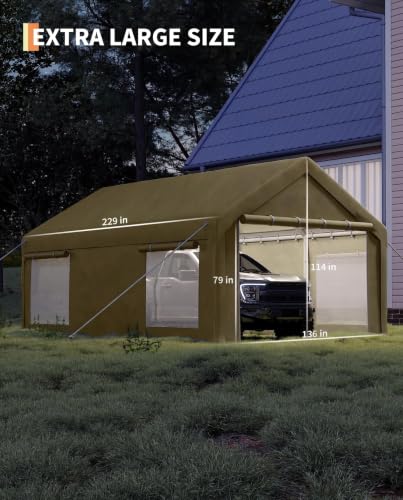 Image of 12x20 FT Heavy Duty Carport Canopy with Sidewalls, Khaki