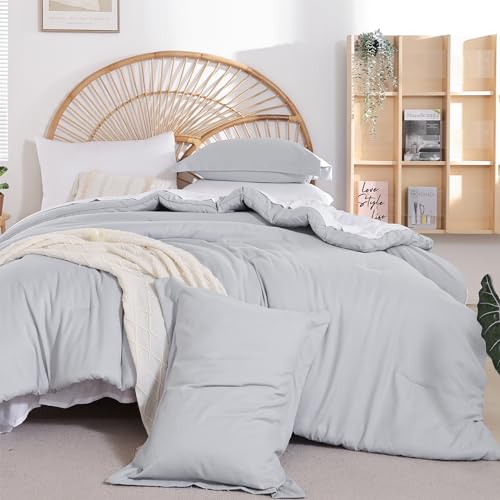 Image of weigelia Queen Comforter Set 7 Pieces Queen Size Comforter Set Light Grey Comforter Queen Size Soft Comforter with Fitted Sheets, Flat Sheets, Pillow Shams, and Pillowcases