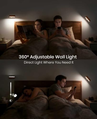Image of Wood LED Wall Sconce Magnetic 360Rotate Mounted Mini Lamp Brightness Adjustable Nightlights Rechargeable Battery Powered Reading Light for Bedside Hallway Living Room Black Walnut Set of 2