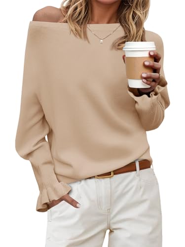 Saodimallsu Womens Boat Neck Batwing Sweaters Dolman Ruffle Long Sleeve Off Shoulder Fall Loose Knit Pullover Tops