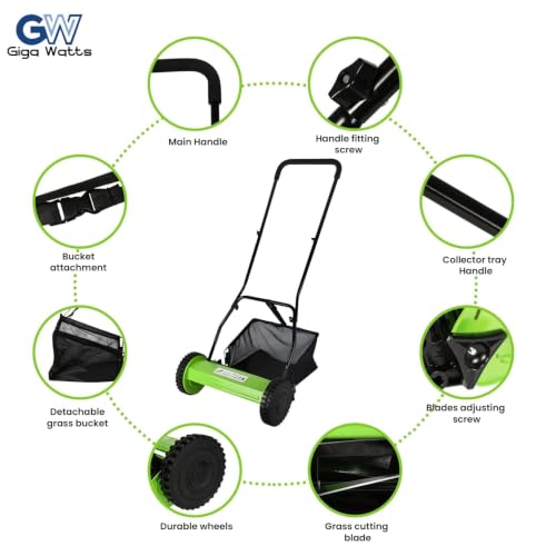 Image of GIGAWATTS Manual Push Lawn Mower with 27L Grass Catcher & EVA Soft Handle 15-43mm Adjustable Height 16-Inches Reel Grass Cutter Trimming Machine for Home Garden, Lawn & Park
