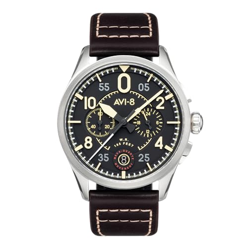 AVI-8 Herren 42mm Spitfire Lock Chronograph Midnight Oak Japanische Quarz-Fliegeruhr mit Lederarmband AV-4089-01