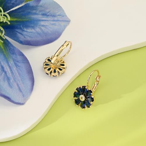 Sapphire Flower Earrings for Women, 14K Gold Plated Leverback with Blue Crystals, Hypoallergenic Dainty Jewelry - Image 5