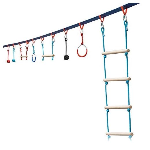 Sunny & Fun Portable 50 Foot Ninja Slackline Monkey Bar & Ladder Kit – Kids Gym Swinging Obstacle Course Set - Warrior Training Bars, Fists, Gymnastics Rings - Carry Bag & Tree Protectors