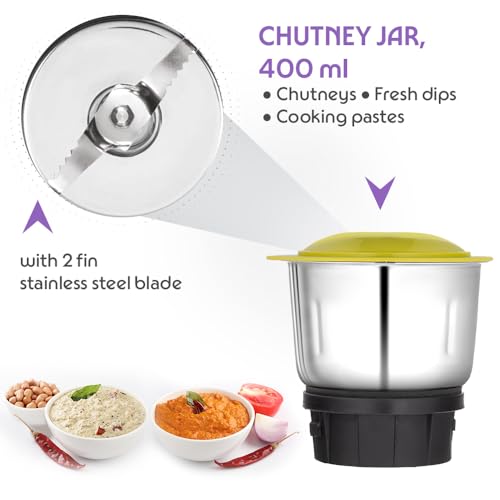 Image of Borosil Max 500 W Mixer Grinder | Wet & Dry Mixing, Grinding & Blending | 3 Jars with PP Lid (1.2 L Blending, 0.8 L Grinder, 0.4 L Chutney Jar) | Mixie For Kitchen, Yellow | 2 Years Warranty