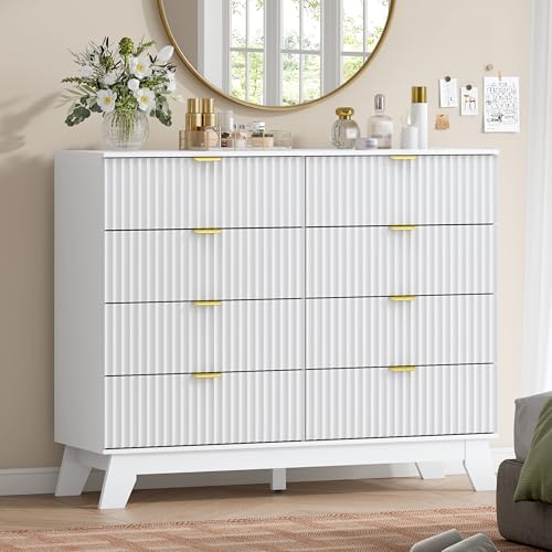 Image of Wodeer 8 Drawer Fluted Dresser for Bedroom, Mid Century Modern Dresser with 8 Drawers, Dressers & Chests of Drawers with Metal Handle, TV Stand & Storage Organizer for Entryway, Hallway, White
