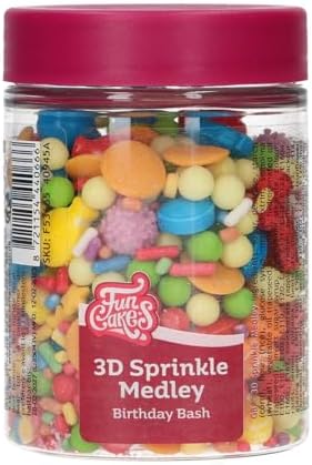 FunCakes 3D Sprinkle Medley Zuckerstreusel, Birthday Bash, 70 g | Guter Geschmack, Perfekt zum Dekorieren von Torten, Kuchen, Cupcakes und andere Leckereien, Sprinkle Streusel Mix
