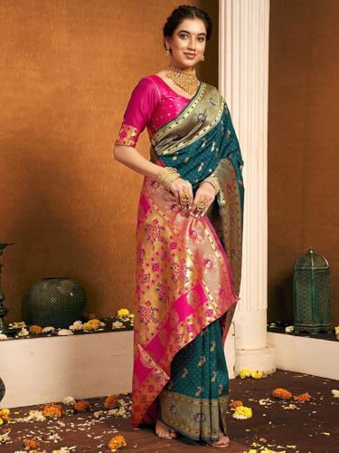 Image of Women's Paithani Silk Blend Saree with Blouse Piece, Woven Embellished Jacquard, Traditional