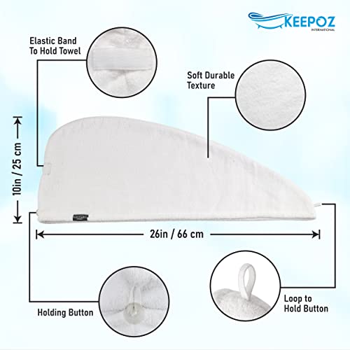 Keepoz Hair Towel Wrap Quick Dry 100% Cotton Super Absorbent Turban Head Wrap For Women With Button, Non Microfiber Anti Frizz Hair Products, Hair Cap For Curly, Long & Thick Hair (White, 1 Pc) #TOP1