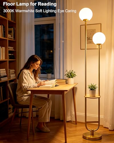 Image of Lightdot 2 Globe Gold Floor Lamp with Table Mid Century Standing Lamps with 3000K LED Bulbs Unique U-Pole Vintage Tall Floor Lamp with 5Lbs Heavy Base for Living Room /Bedroom /Wedding /Party /Home Decor