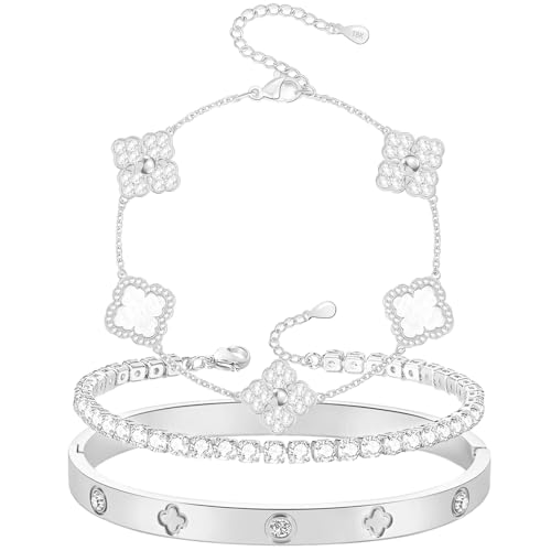 Lucky Four Leaf Bracelets Set - Silver Plated Cubic Zirconia Bangle for Women