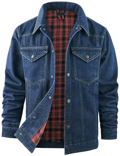 Rousytn Jaqueta jeans masculina forrada de flanela, corte caubói, vintage, robusta, jaqueta caminhoneiro com bolsos, Azul escuro, G