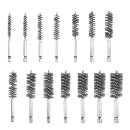 14Pcs Stainless Steel Wire Bore Brush with 1/4 Inch Hex Shank Handle, Twisted Wire Tube Cleaning Brush Attachment Drill Set for Tubes Ports Bearings Power Drill Impact Driver