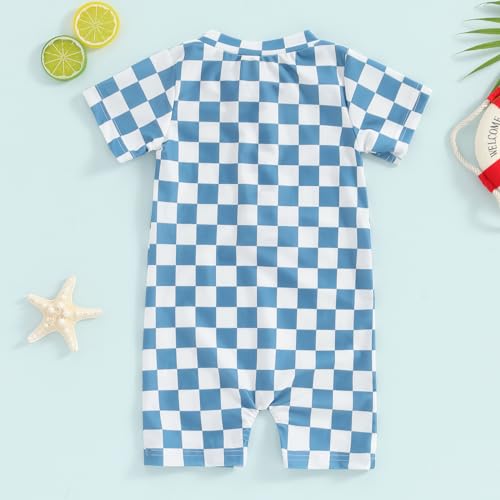 Toddler Baby Boy Girl Swimsuit Checkered One Piece Swimwear Short Sleeve Zipper Rash Guard Beach Bathing Suit2