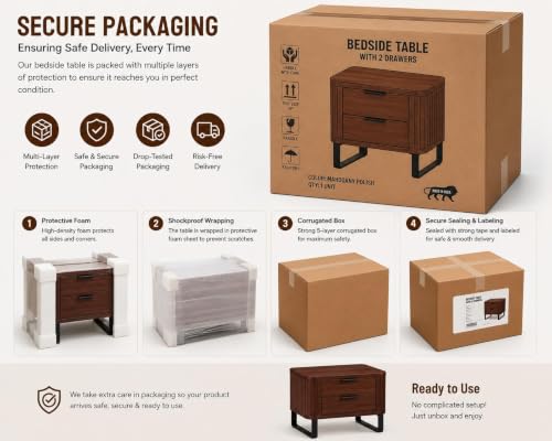 Image of Solid Sheesham Wood Bedside Table for Bedroom & Livingroom | Nightstand End Table with 2 Drawers Storage for Home | Modern & Luxury Design| (Honey Finish)