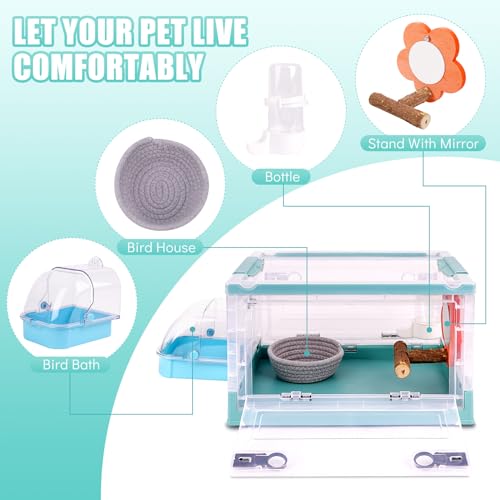 Image of Bird Cage with Handle,Small Bird Cage and Removable Birdhouse with Birdbath, Water Bottle for Parrot, Cockatiel, Lovebird, Pigeon (27L), Green