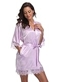 Original Kimono Bata de baño corta tipo kimono de satén con ribete de encaje para mujer, S