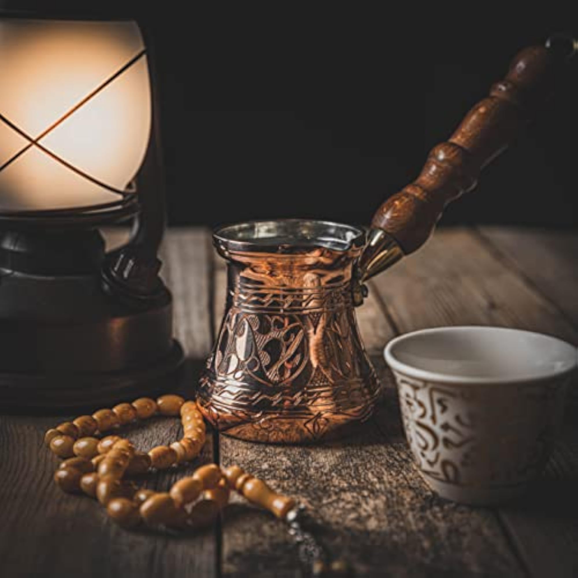 Copper Engraved Turkish Coffee Pot with Wooden Handle