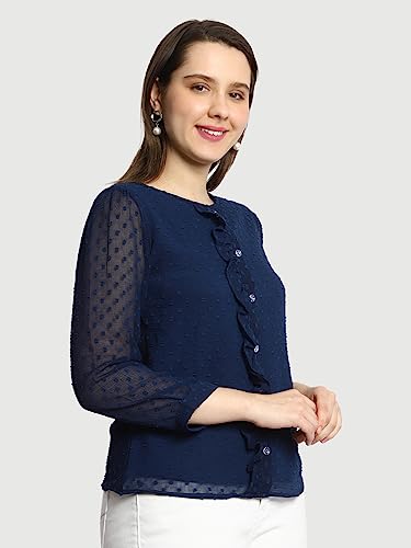 Image of PRETTIFY Women's Regular Fit Solid Embroidery Georgette Waist Length, 3 /4 Sheer Sleeve, Round Neck Casual Wear Western Shirt Top for College /Office Girls