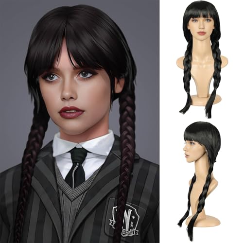 Queentas Perruque Tressée Noire Perruque Avec Frange, Perruques Pour Filles Pour Le Jeu De Rôle De La Mascarade (Noir)