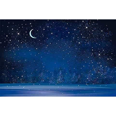 AOFOTO 10x6.5ft Christmas Star Night Backdrop Blue Starry Sky Wonderland Moon Night Photography Background Winter Forest Pine Trees Snow Snowflake Holy Christmas Nativity Scene Xmas Decor Photo Props Cover