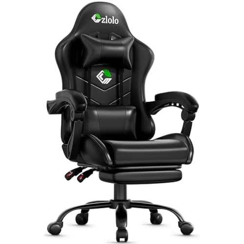 Gaming Chair, Ergonomic Office Computer Chair with Footrest and Lumbar Support Massager Racing Style High Back Video Gamer Chair, Wide＆Thick Cushion, 90°-135° Recline, Adjustable Height, Black