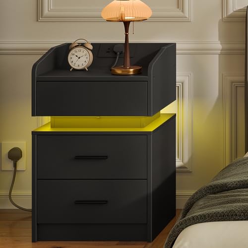 Image of HOOBRO Bedside Table with 20-Color LED Lights, 3-Drawer Side Table with Charging Station, High Gloss Nightstand, Sofa Table for Bedroom, Living Room, Black EBK205KDBZ01