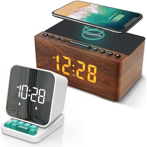 ANJANK Multiple Color RGB LED Mirror Alarm Clock with Sound Machine Bundle with Clock Radio & Wireless Charger Station, Adjustable Brightness, Sleep Timer for Bedroom, Bedside Cover