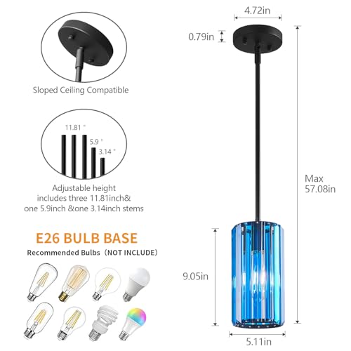Image of Modern Crystal Pendant Light Mini Dark Blue Chandeliers Adjustable Pendant Lights Fixture for Kitchen Island Dinning Room Corridor Bedroom(Dark Blue 1-Pack