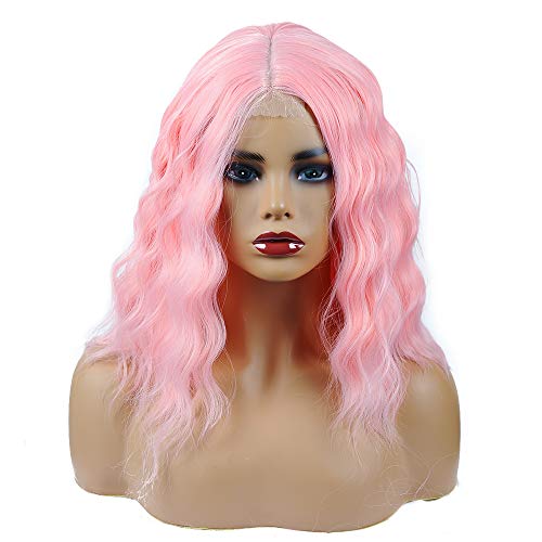 Short Bob Wavy Curly Wig 14 inch Synthetic Wavy Wigs Shoulder Length Wigs for Women Costume Wigs for Daily Cosplay Use (14 Inch, Pink)