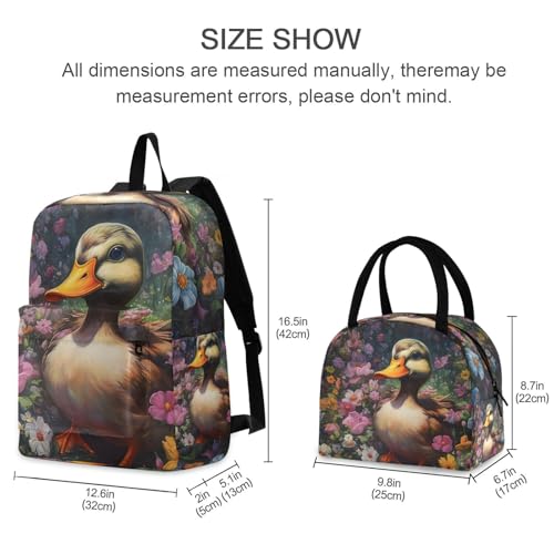 Backpack Lunch Box Set Large Capacity Travel Backpacks and Insulated Lunch Bag for Commute Hiking Picnic Little Duck in Flower Print2