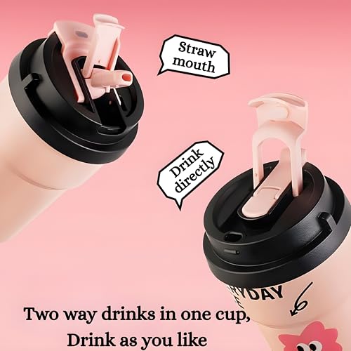Image of Motka 400ml Stainless Steel Vacuum Insulated Coffee Tumbler with Straw & Direct Sip Lid | Travel Mug | Leak-Resistant | Reusable Cup with Strap | Sipper for Hot & Cold Drinks | Thermos Flask | Pink