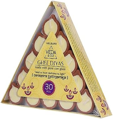 Welburn Veda&Co® Pure Cow Ghee Diya – 30 Pieces | Up to 45 Min Burn | Ghee-Filled Clay Diyas with Batti | Ready-to-Use for Daily Puja & Diwali | Premium Puja Diyas Set